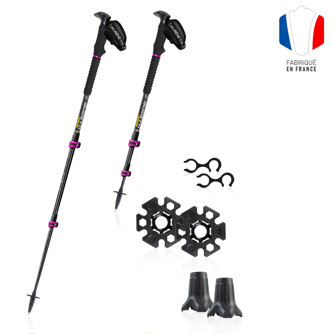 Bâton de randonnée télescopique en carbone aluminium et ses accessoires rose feminin